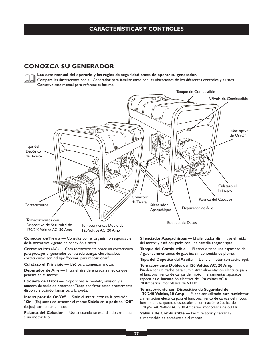 Conozca su generador, Características y controles | Briggs & Stratton 30325 User Manual | Page 27 / 44
