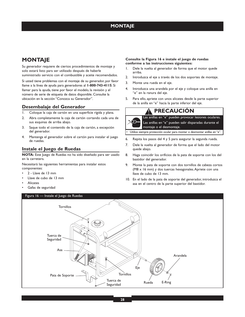 Precaución, Montaje, Desembalaje del generador | Instale el juego de ruedas | Briggs & Stratton 30325 User Manual | Page 28 / 44