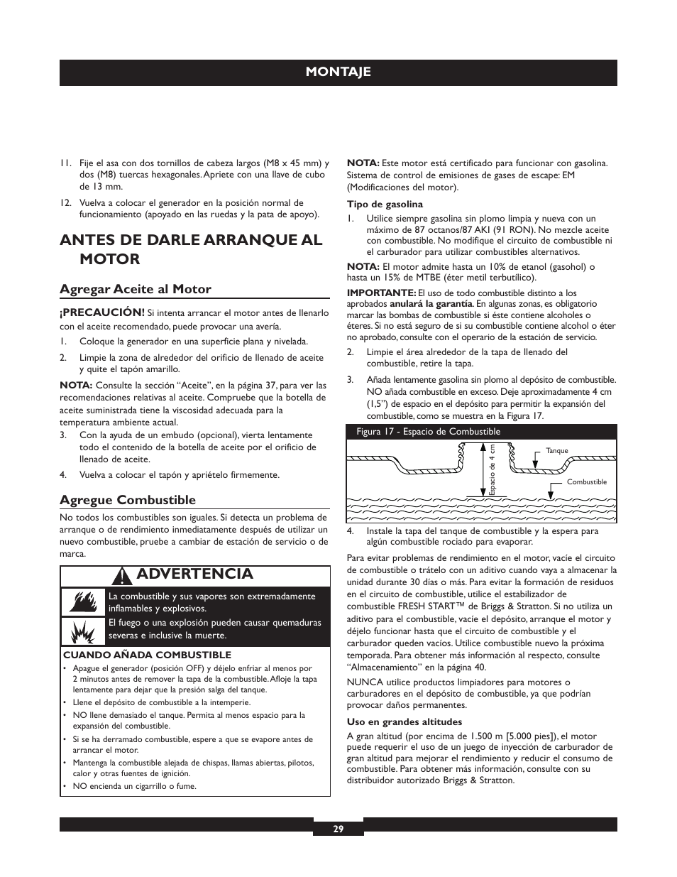 Antes de darle arranque al motor, Advertencia, Montaje | Agregar aceite al motor, Agregue combustible | Briggs & Stratton 30325 User Manual | Page 29 / 44