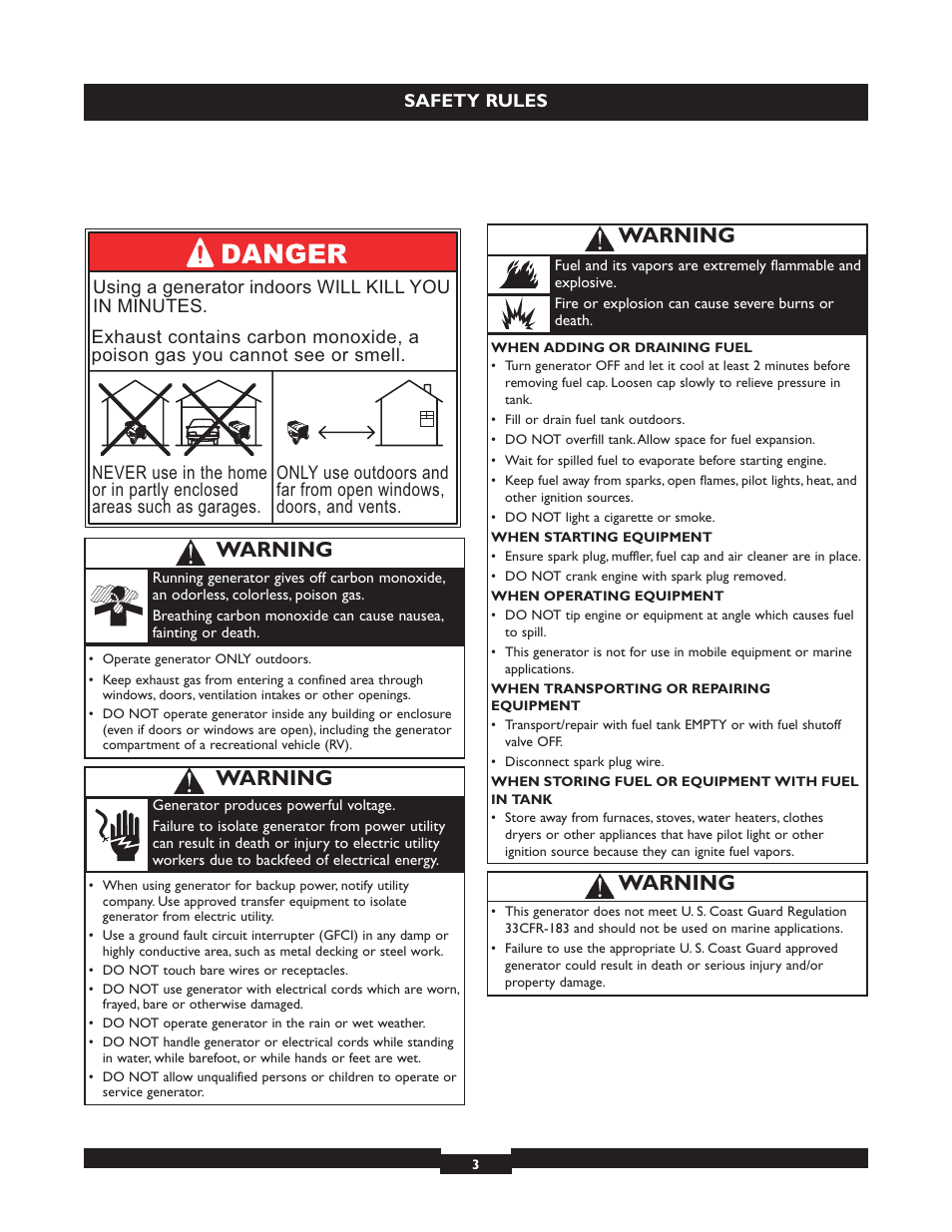 Warning | Briggs & Stratton 30325 User Manual | Page 3 / 44