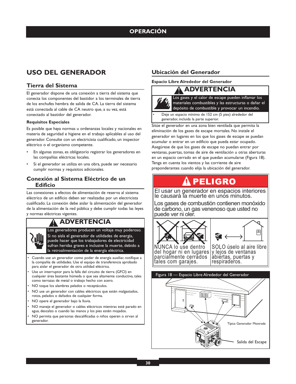 Uso del generador, Advertencia | Briggs & Stratton 30325 User Manual | Page 30 / 44