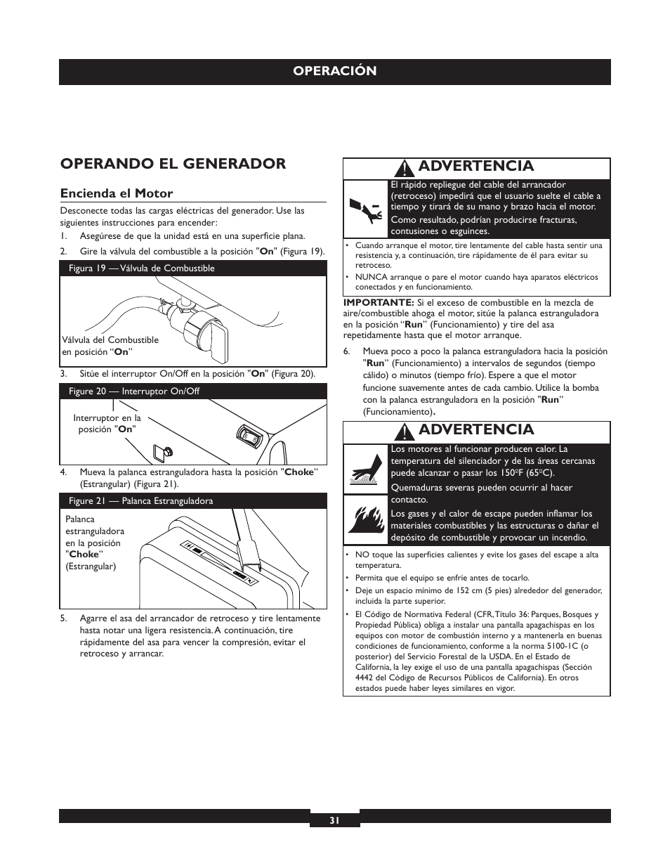 Operando el generador, Advertencia, Operación | Encienda el motor | Briggs & Stratton 30325 User Manual | Page 31 / 44