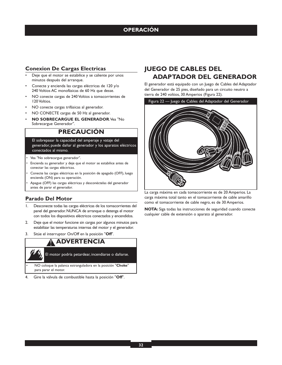 Juego de cables del adaptador del generador, Precaución, Advertencia | Operación, Conexion de cargas electricas, Parado del motor | Briggs & Stratton 30325 User Manual | Page 32 / 44