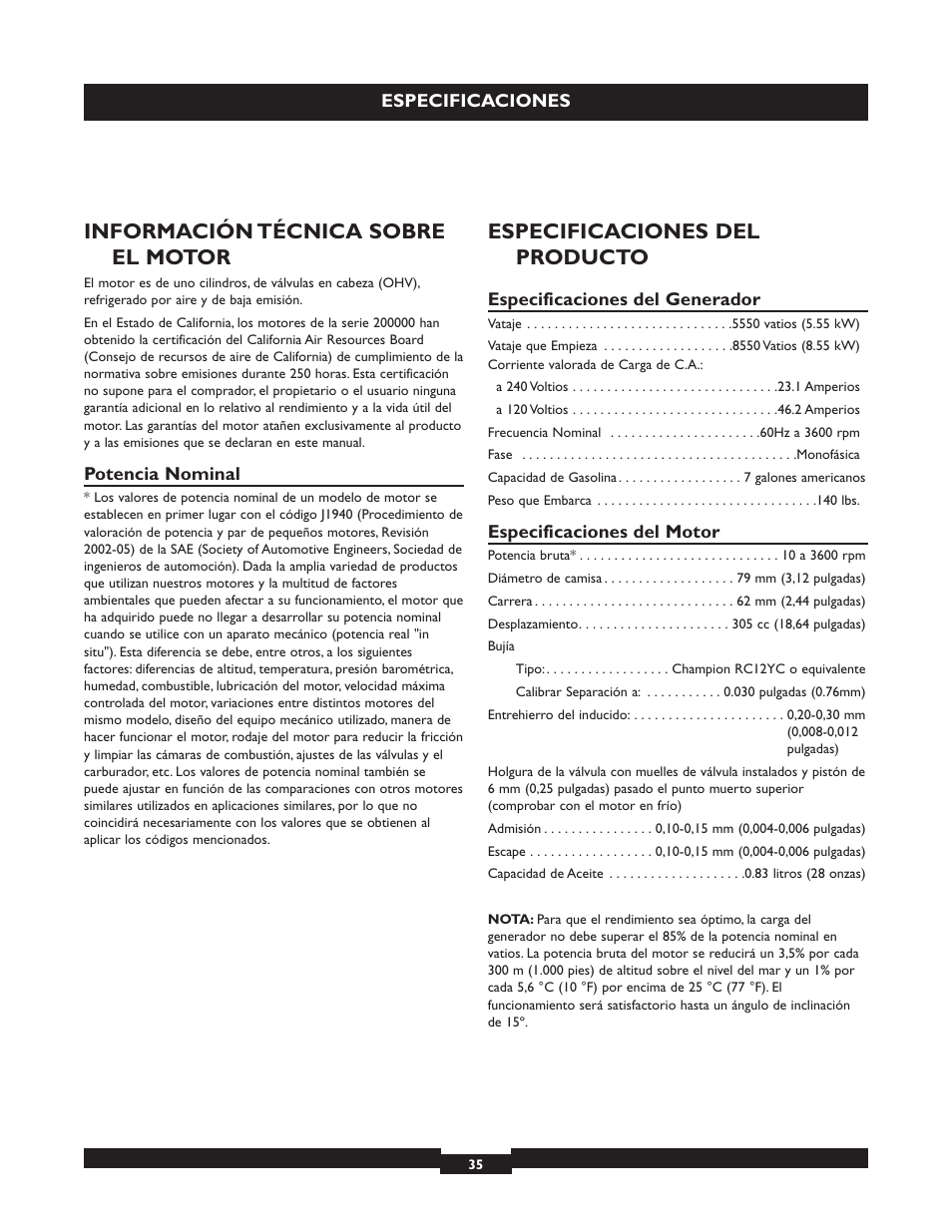 Información técnica sobre el motor, Especificaciones del producto | Briggs & Stratton 30325 User Manual | Page 35 / 44