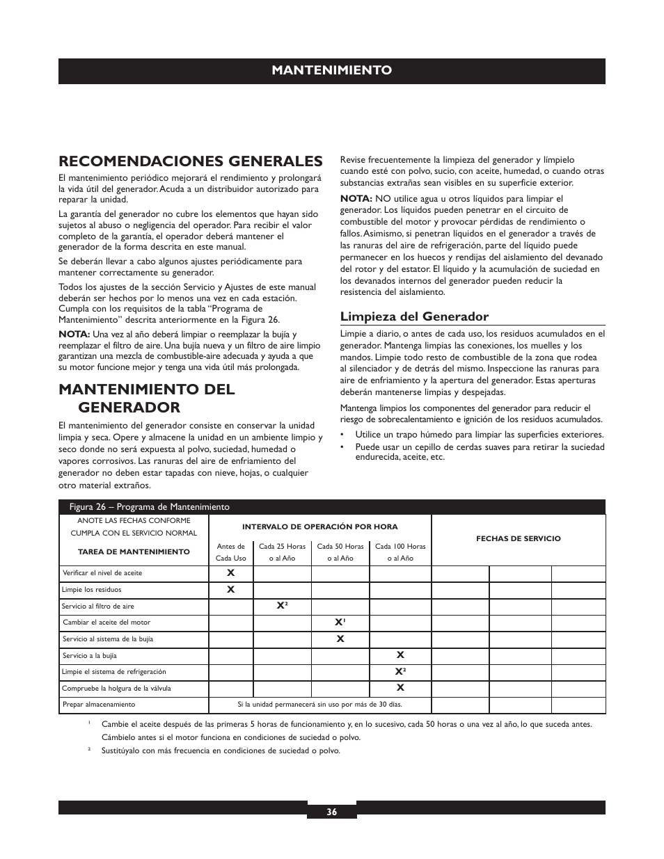 Recomendaciones generales, Mantenimiento del generador, Mantenimiento | Limpieza del generador | Briggs & Stratton 30325 User Manual | Page 36 / 44