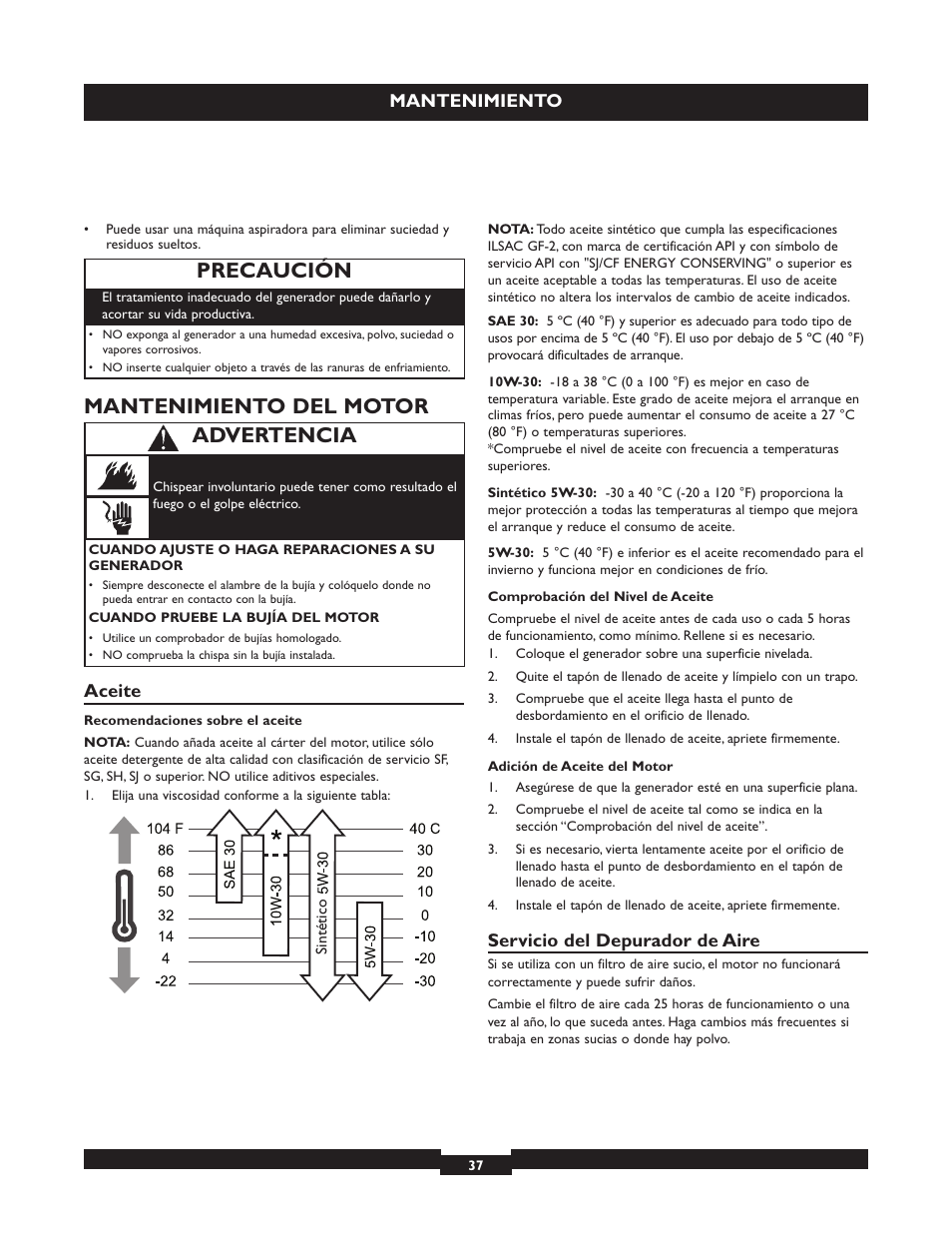 Mantenimiento del motor, Advertencia, Precaución | Mantenimiento, Aceite, Servicio del depurador de aire | Briggs & Stratton 30325 User Manual | Page 37 / 44