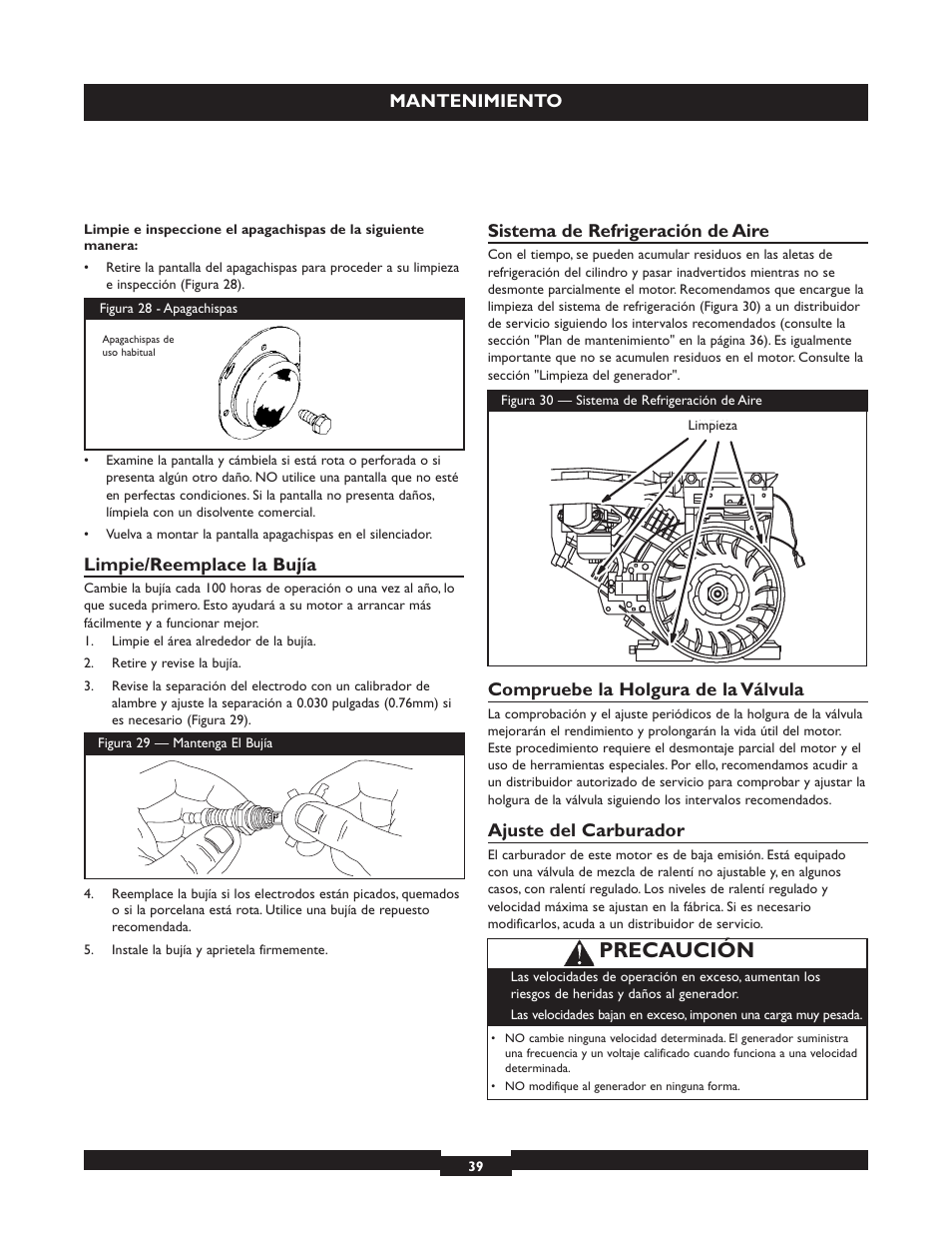 Precaución, Mantenimiento, Limpie/reemplace la bujía | Sistema de refrigeración de aire, Compruebe la holgura de la válvula, Ajuste del carburador | Briggs & Stratton 30325 User Manual | Page 39 / 44