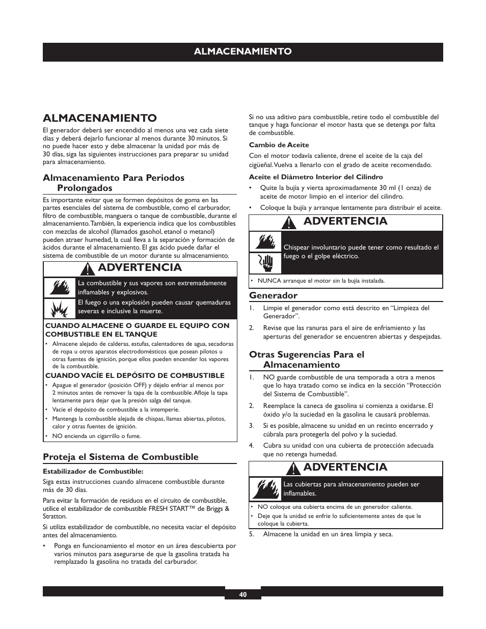 Advertencia, Almacenamiento, Almacenamiento para periodos prolongados | Proteja el sistema de combustible, Generador, Otras sugerencias para el almacenamiento | Briggs & Stratton 30325 User Manual | Page 40 / 44