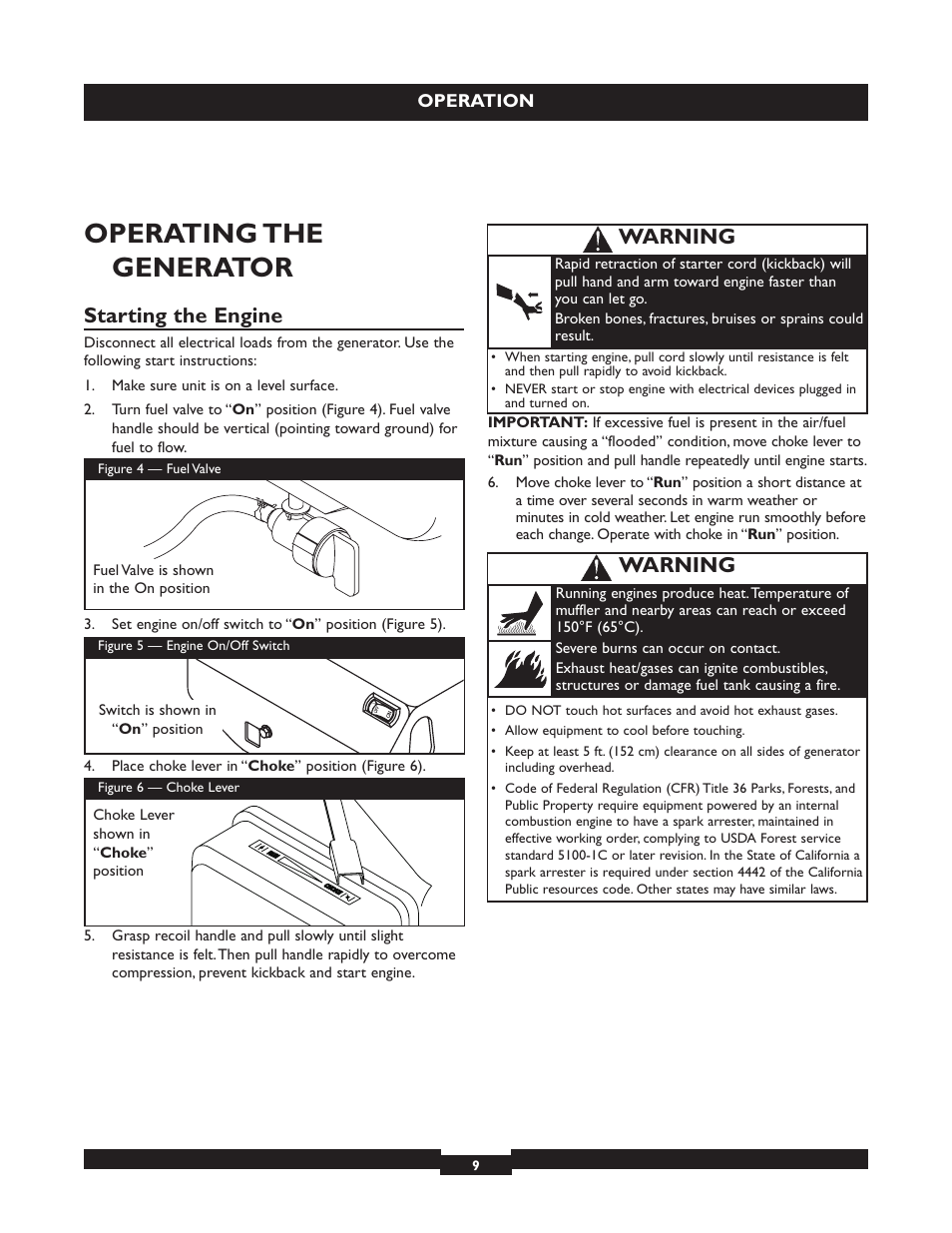 Operating the generator, Starting the engine, Warning | Briggs & Stratton 30325 User Manual | Page 9 / 44