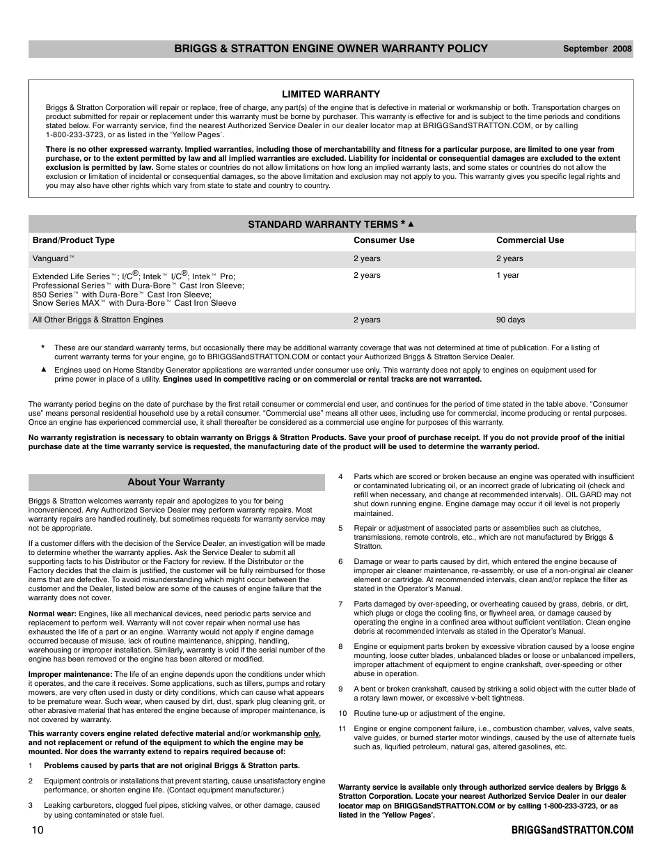 Limited warranty standard warranty terms, About your warranty | Briggs & Stratton 330000 User Manual | Page 10 / 92