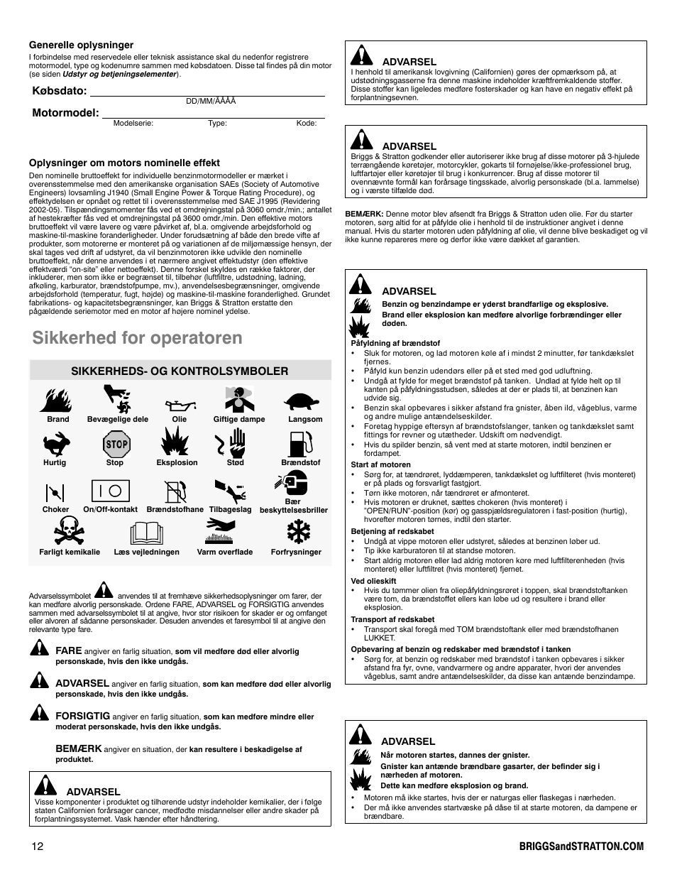 Sikkerhed for operatoren, Købsdato: motormodel, Sikkerheds- og kontrolsymboler | Briggs & Stratton 330000 User Manual | Page 12 / 92