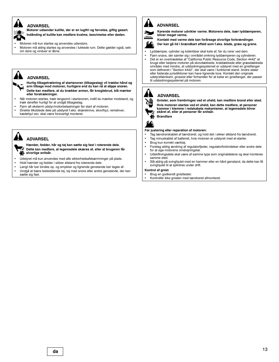 13 da, Advarsel | Briggs & Stratton 330000 User Manual | Page 13 / 92