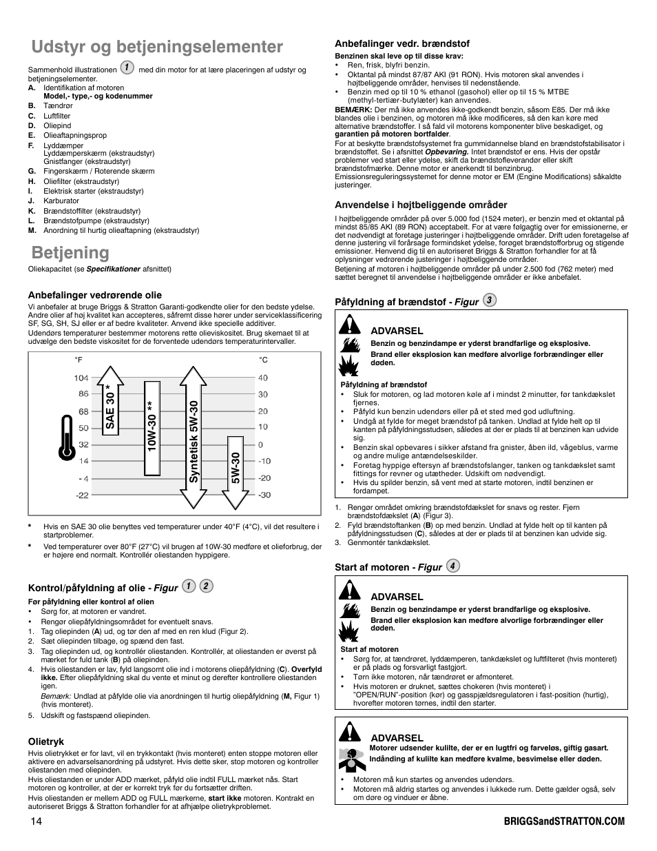 Udstyr og betjeningselementer, Betjening | Briggs & Stratton 330000 User Manual | Page 14 / 92