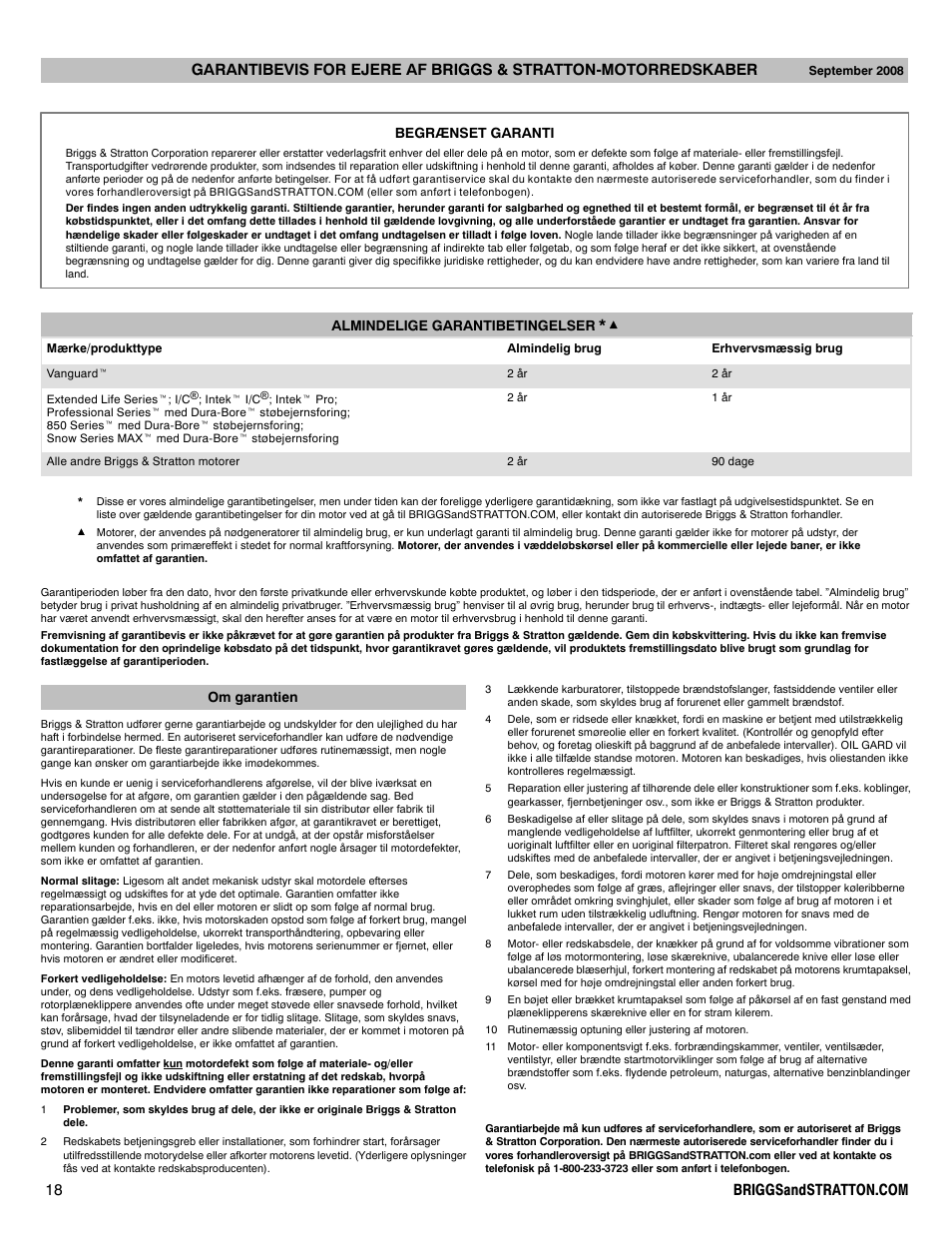 Begrænset garanti almindelige garantibetingelser, Om garantien | Briggs & Stratton 330000 User Manual | Page 18 / 92