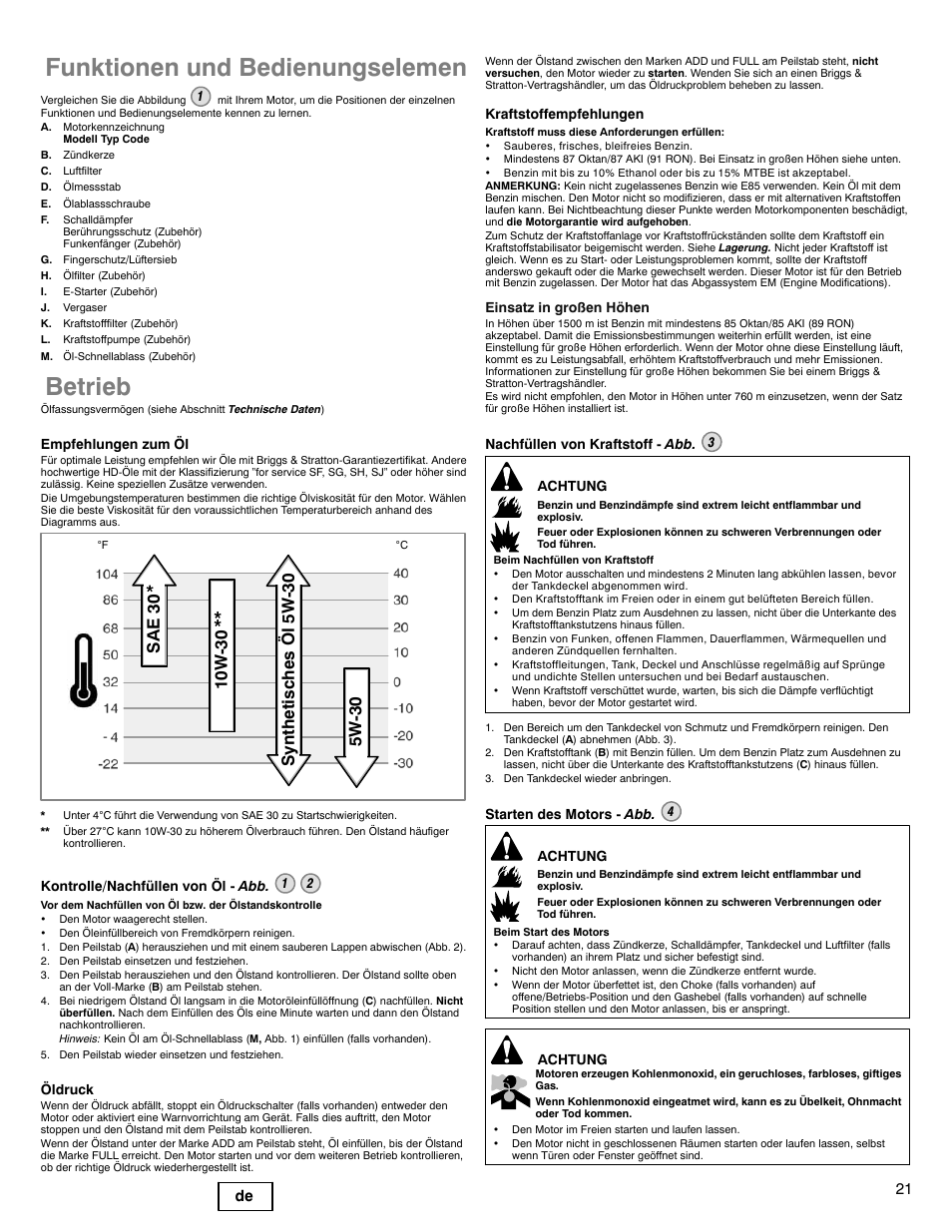 Funktionen und bedienungselemen, Betrieb, 21 de | Briggs & Stratton 330000 User Manual | Page 21 / 92