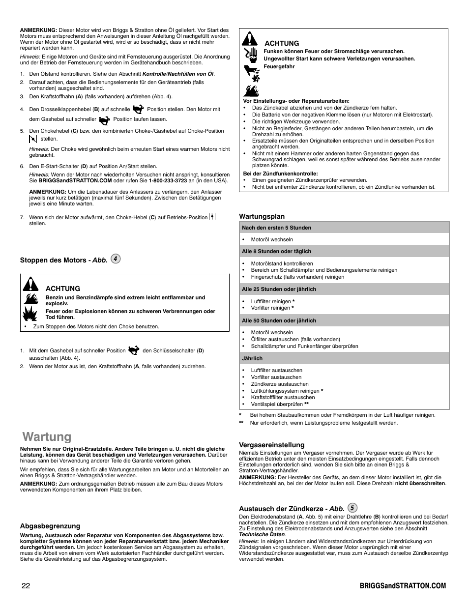 Wartung, Stoppen des motors - abb. 4 achtung, Abgasbegrenzung | Achtung, Wartungsplan, Vergasereinstellung, Austausch der zündkerze - abb. 5 | Briggs & Stratton 330000 User Manual | Page 22 / 92