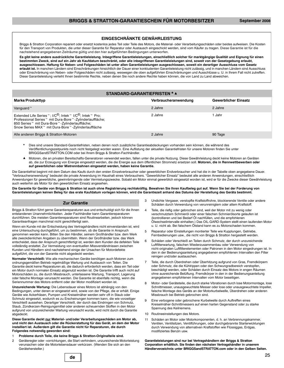 September, Zur garantie | Briggs & Stratton 330000 User Manual | Page 25 / 92