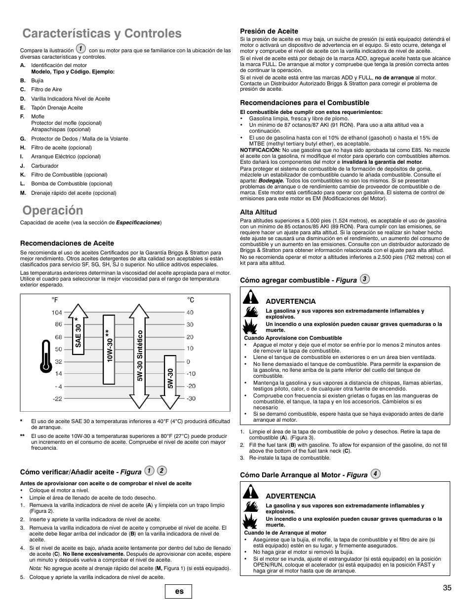 Características y controles, Operación, 35 es | Briggs & Stratton 330000 User Manual | Page 35 / 92