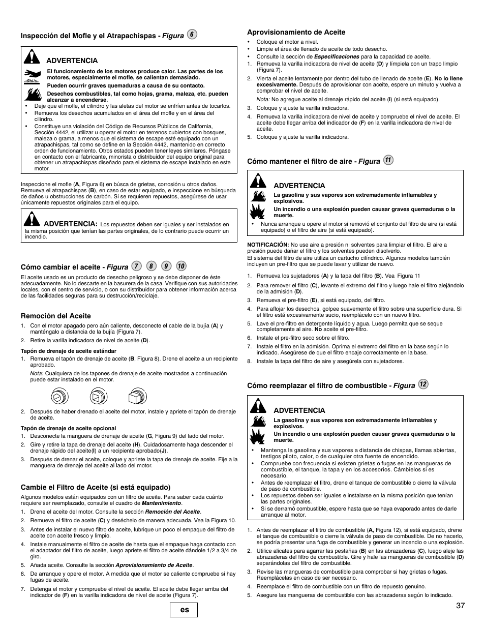 37 es, Inspección del mofle y el atrapachispas - figura 6, Advertencia | Remoción del aceite, Cambie el filtro de aceite (si está equipado), Aprovisionamiento de aceite | Briggs & Stratton 330000 User Manual | Page 37 / 92