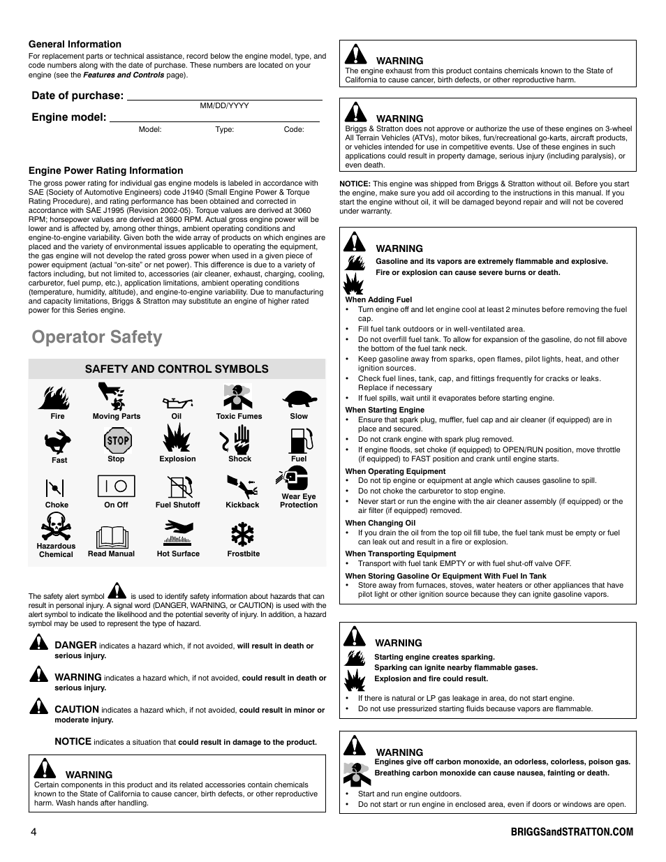 Operator safety, Date of purchase: engine model, Safety and control symbols | Briggs & Stratton 330000 User Manual | Page 4 / 92