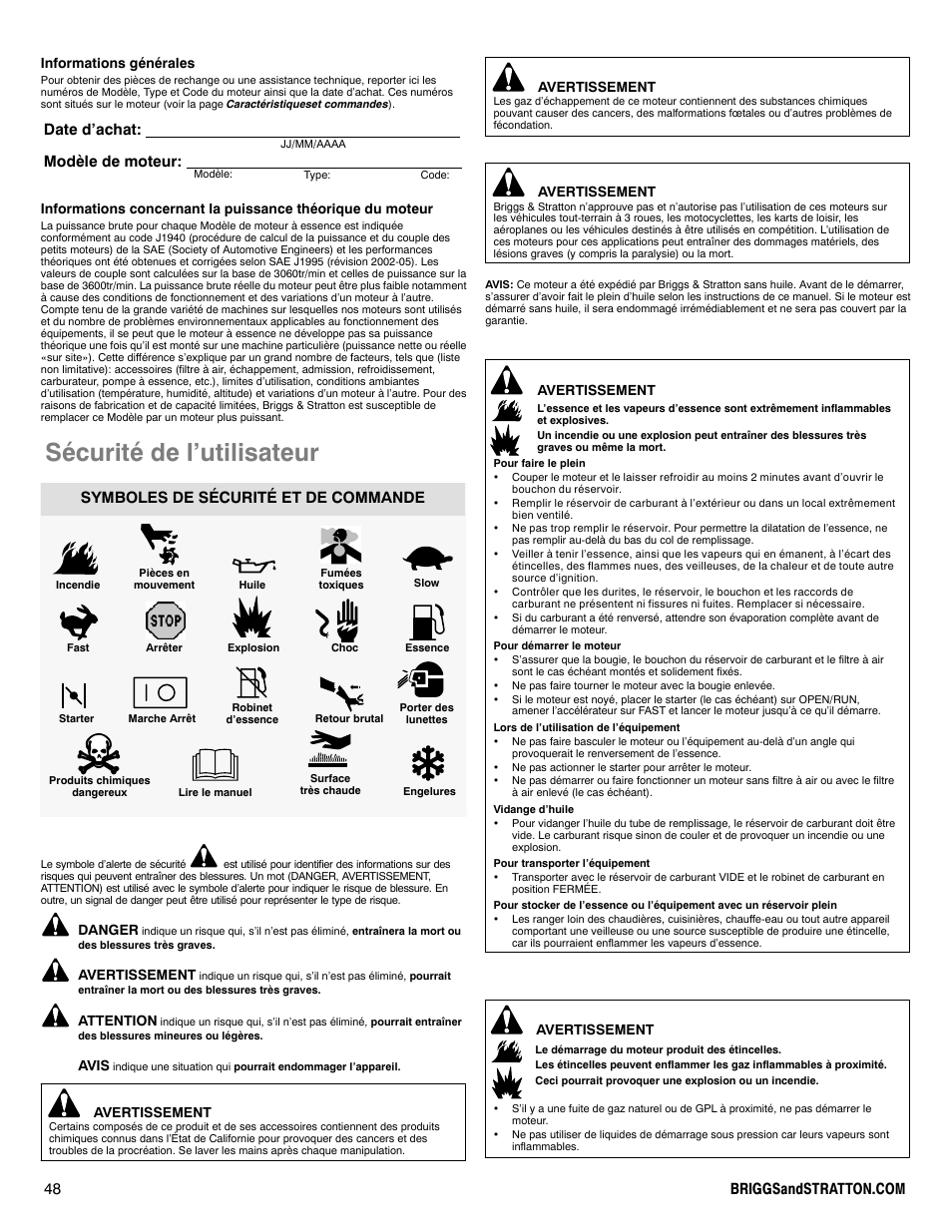 Sécurité de l’utilisateur, Date d’achat: modèle de moteur, Symboles de sécurité et de commande | Briggs & Stratton 330000 User Manual | Page 48 / 92