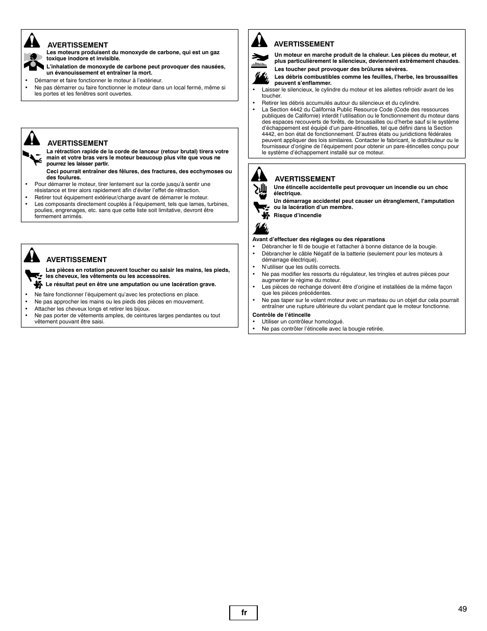 49 fr, Avertissement | Briggs & Stratton 330000 User Manual | Page 49 / 92