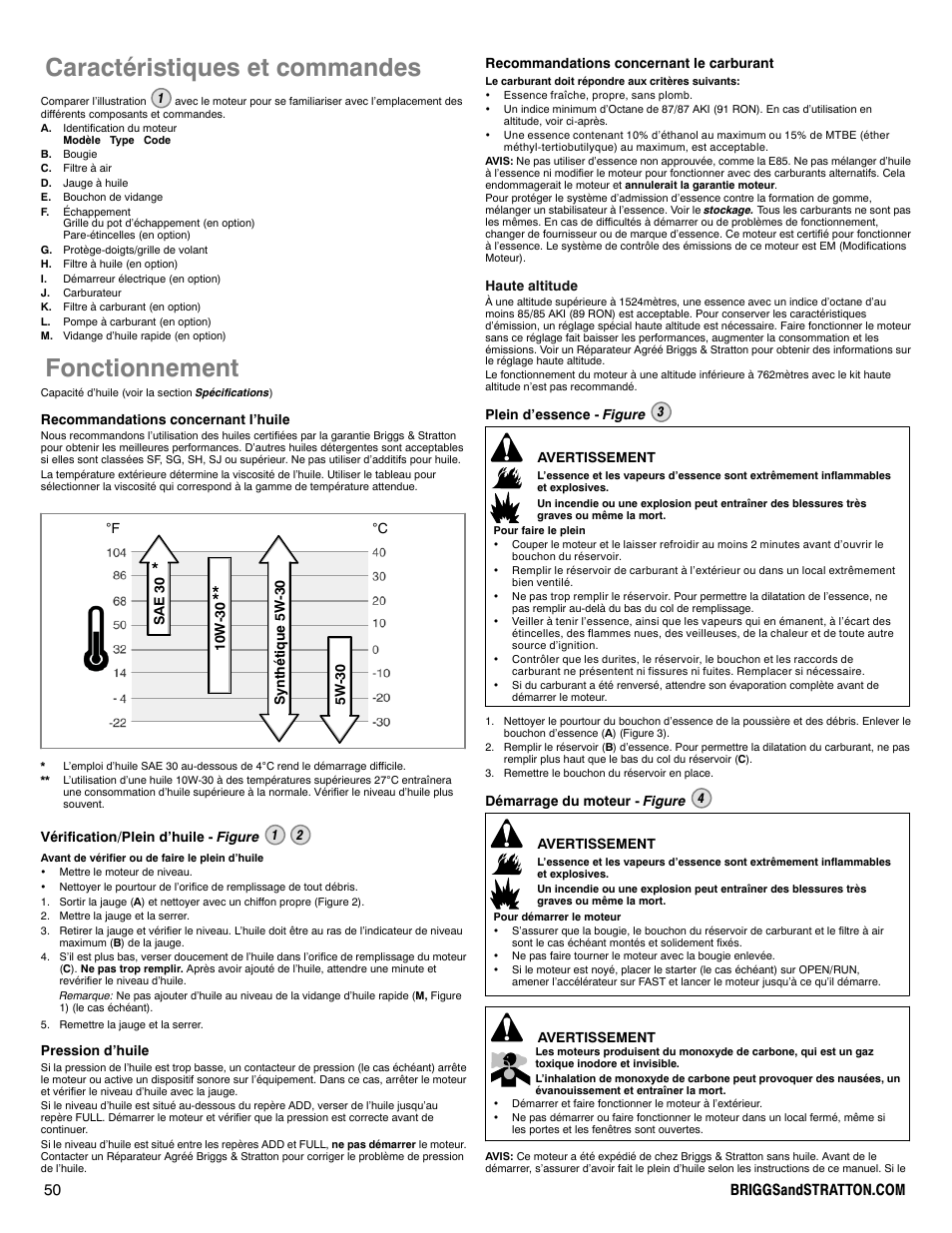 Caractéristiques et commandes, Fonctionnement | Briggs & Stratton 330000 User Manual | Page 50 / 92