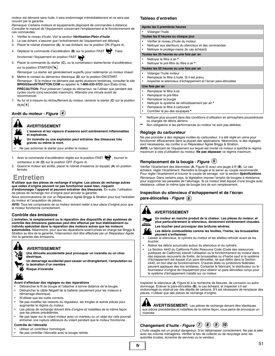 Entretien, 51 fr, Arrêt du moteur - figure 4 avertissement | Contrôle des émissions, Avertissement, Tableau d’entretien, Réglage du carburateur, Remplacement de la bougie - figure 5 | Briggs & Stratton 330000 User Manual | Page 51 / 92