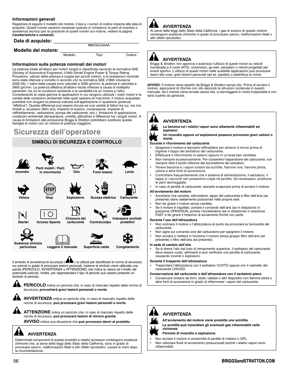 Sicurezza dell’operatore, Data di acquisto: modello del motore, Simboli di sicurezza e controllo | Briggs & Stratton 330000 User Manual | Page 56 / 92