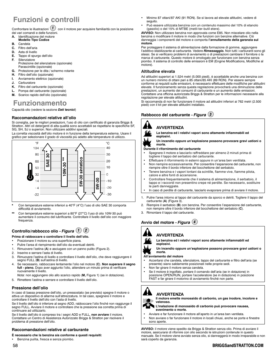 Funzioni e controlli, Funzionamento | Briggs & Stratton 330000 User Manual | Page 58 / 92