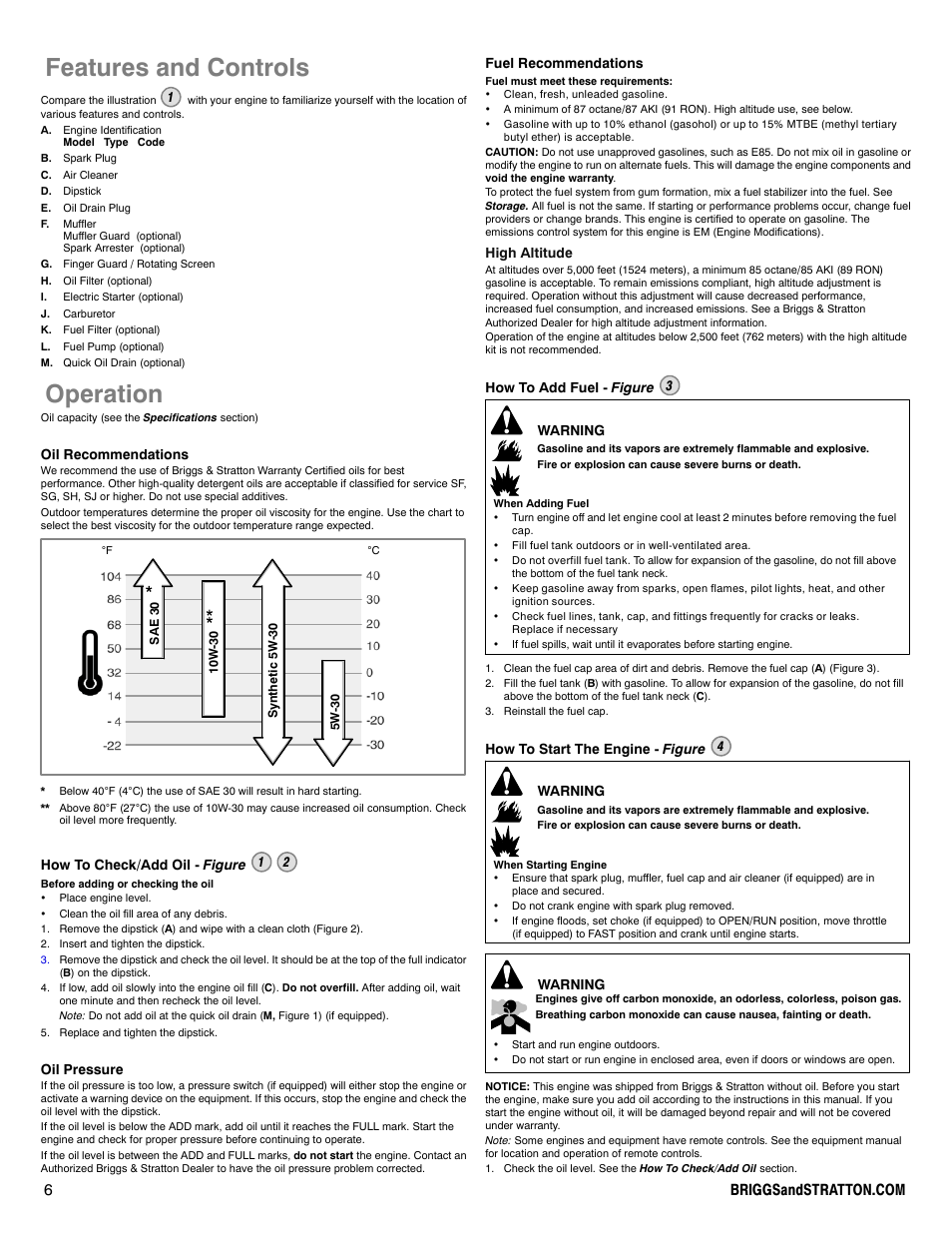 Features and controls, Operation | Briggs & Stratton 330000 User Manual | Page 6 / 92