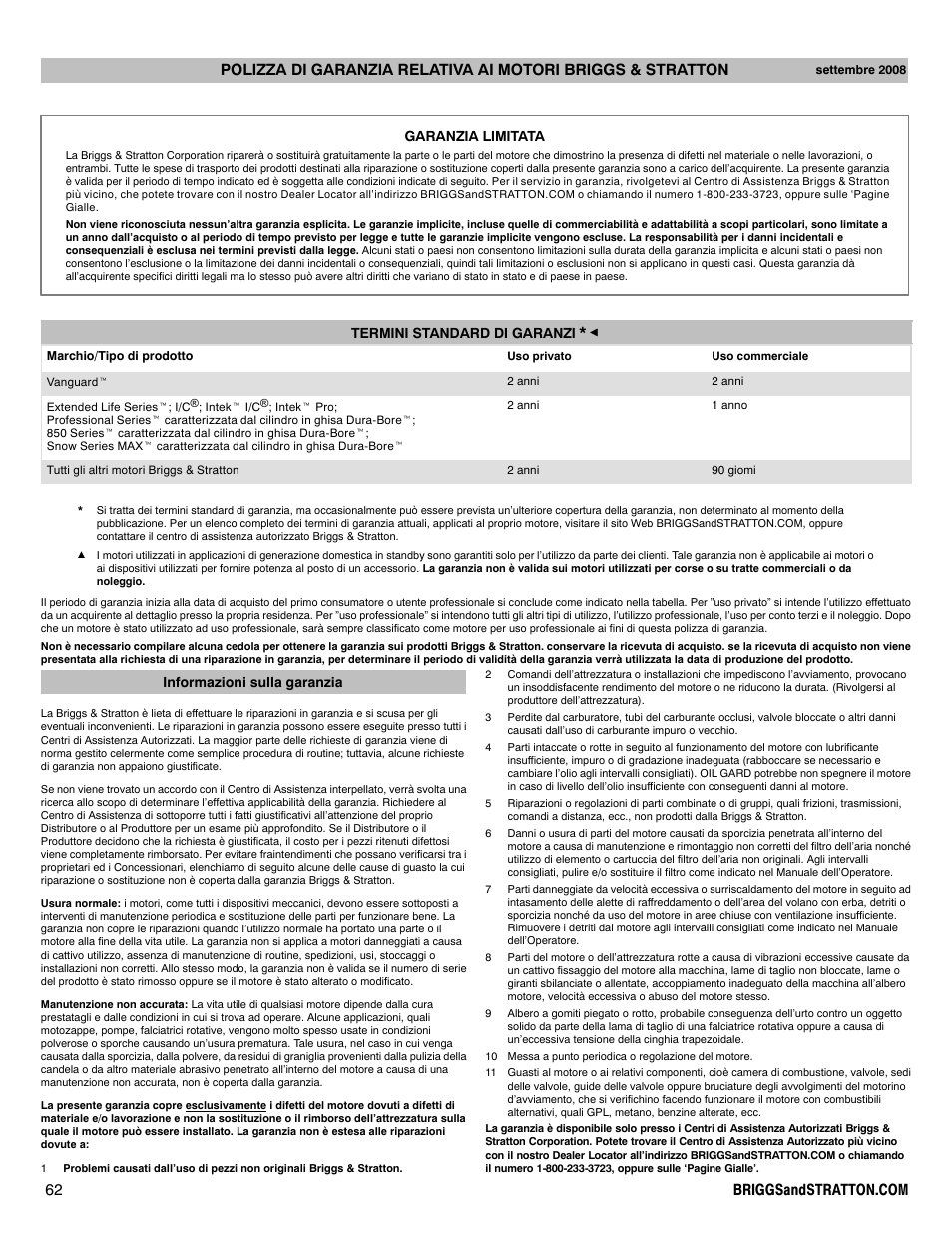 Garanzia limitata termini standard di garanzi, Informazioni sulla garanzia | Briggs & Stratton 330000 User Manual | Page 62 / 92