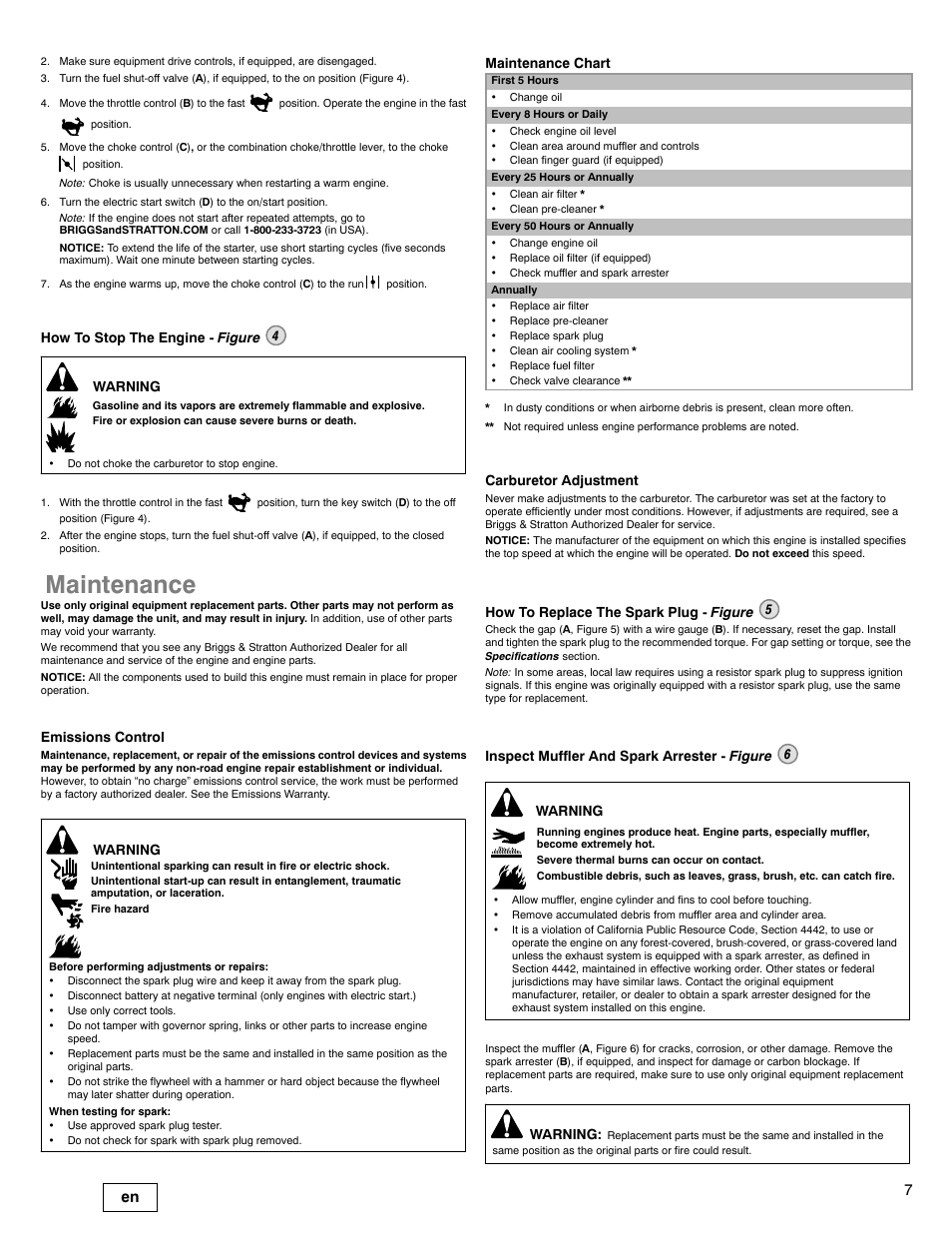 Maintenance, How to stop the engine - figure 4 warning, Emissions control | Warning, Maintenance chart, Carburetor adjustment, How to replace the spark plug - figure 5, Inspect muffler and spark arrester - figure 6 | Briggs & Stratton 330000 User Manual | Page 7 / 92