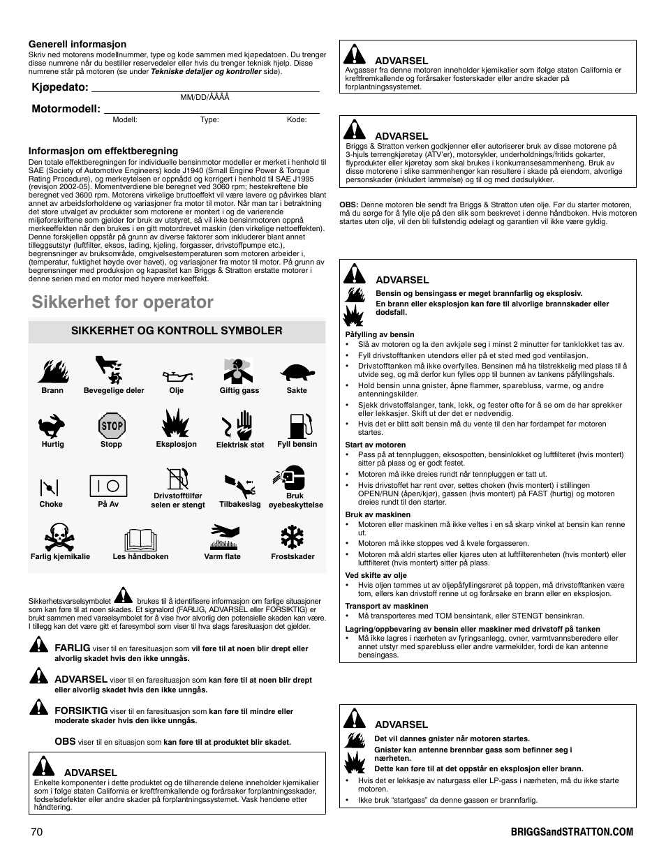 Sikkerhet for operator, Kjøpedato: motormodell, Sikkerhet og kontroll symboler | Briggs & Stratton 330000 User Manual | Page 70 / 92