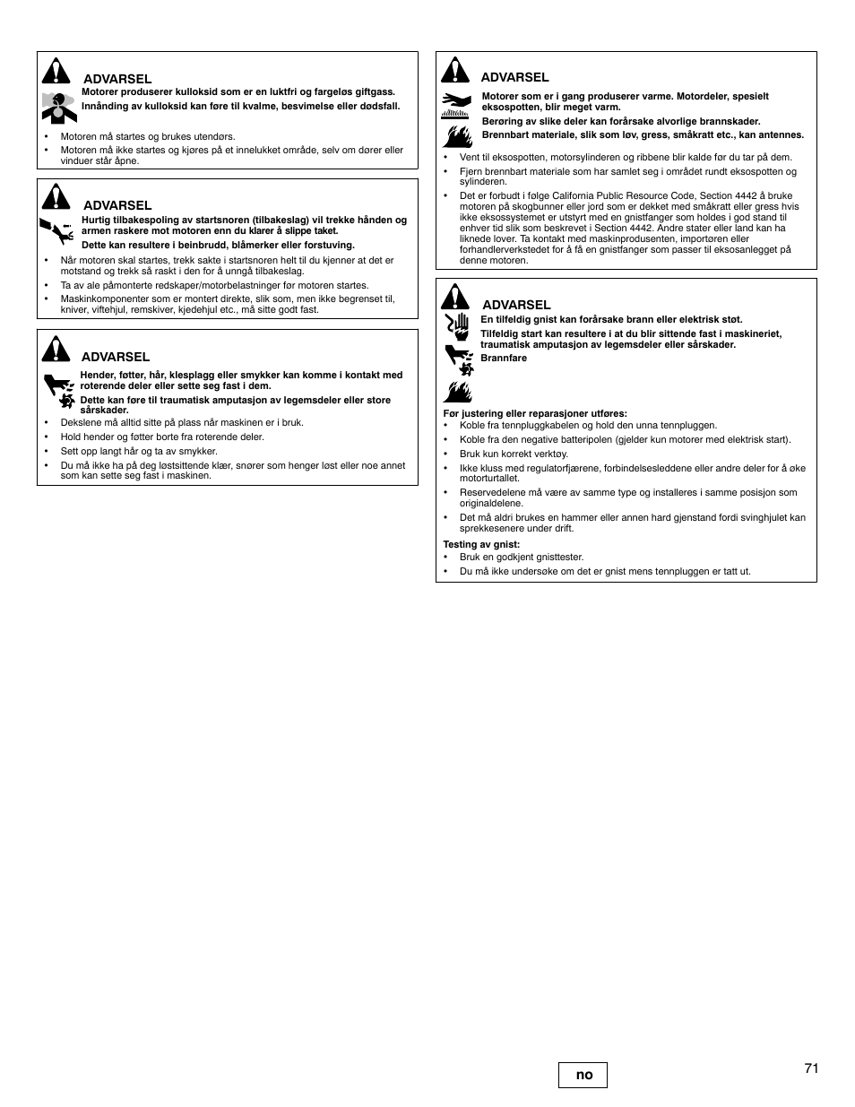 71 no, Advarsel | Briggs & Stratton 330000 User Manual | Page 71 / 92