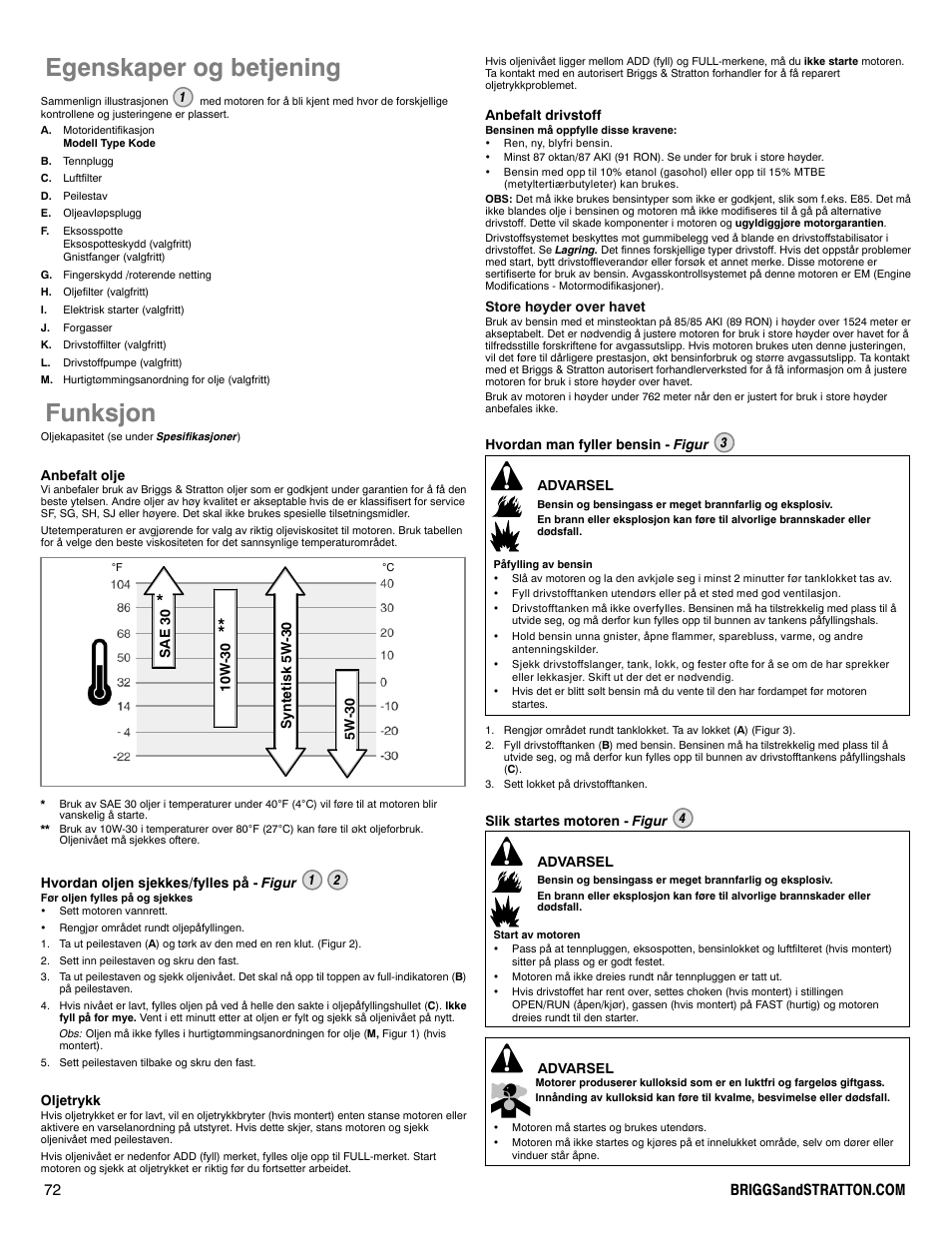 Egenskaper og betjening, Funksjon | Briggs & Stratton 330000 User Manual | Page 72 / 92