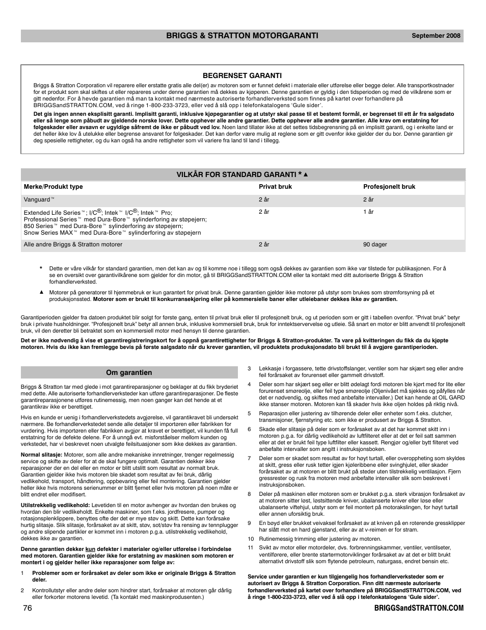Begrenset garanti vilkår for standard garanti, Om garantien | Briggs & Stratton 330000 User Manual | Page 76 / 92