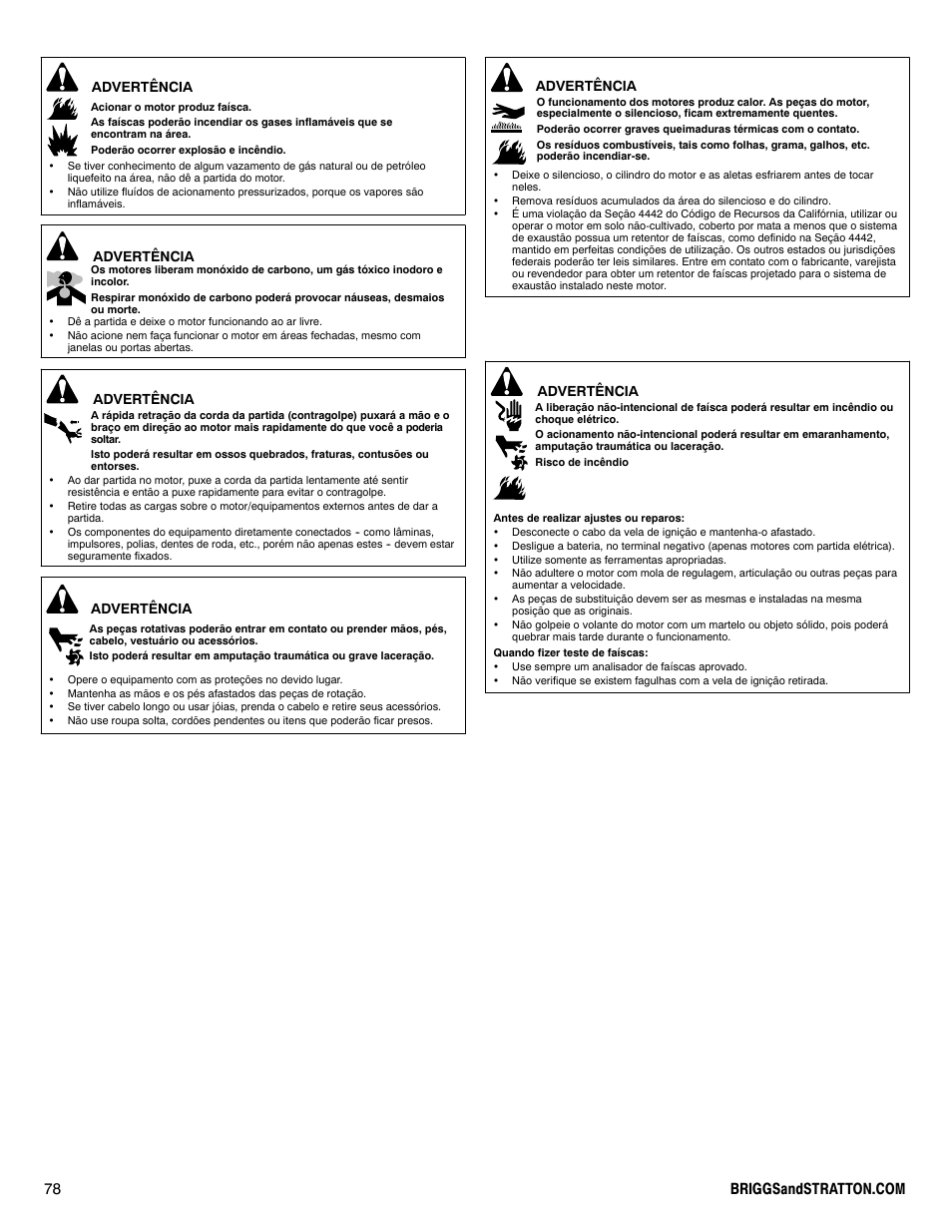 Advertência | Briggs & Stratton 330000 User Manual | Page 78 / 92