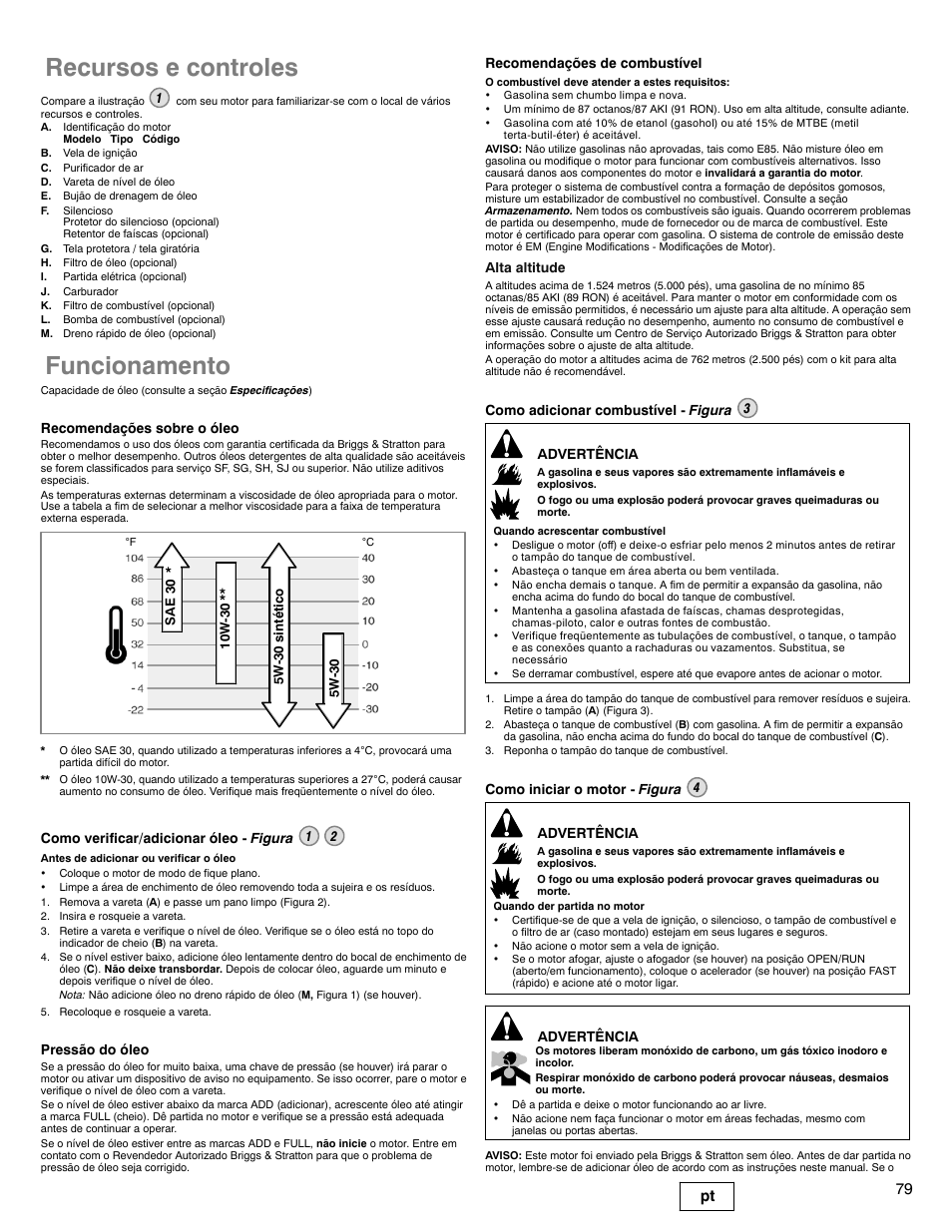 Recursos e controles, Funcionamento, 79 pt | Briggs & Stratton 330000 User Manual | Page 79 / 92