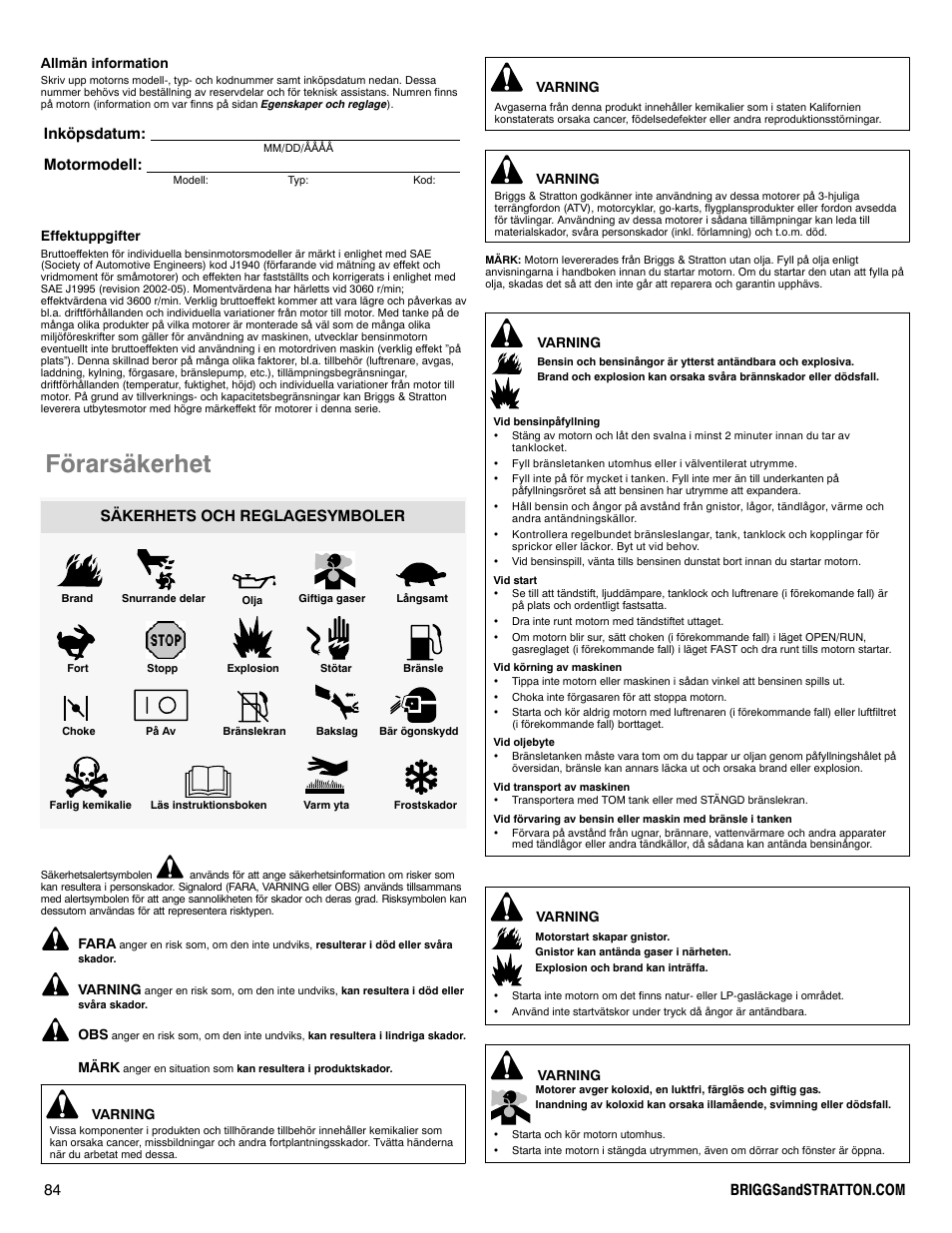 Förarsäkerhet, Inköpsdatum: motormodell, Säkerhets och reglagesymboler | Briggs & Stratton 330000 User Manual | Page 84 / 92