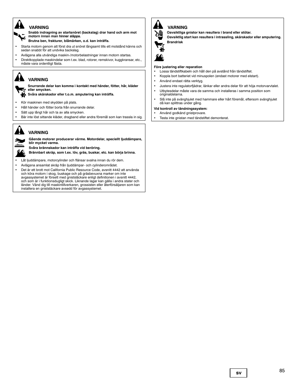 85 sv, Varning | Briggs & Stratton 330000 User Manual | Page 85 / 92