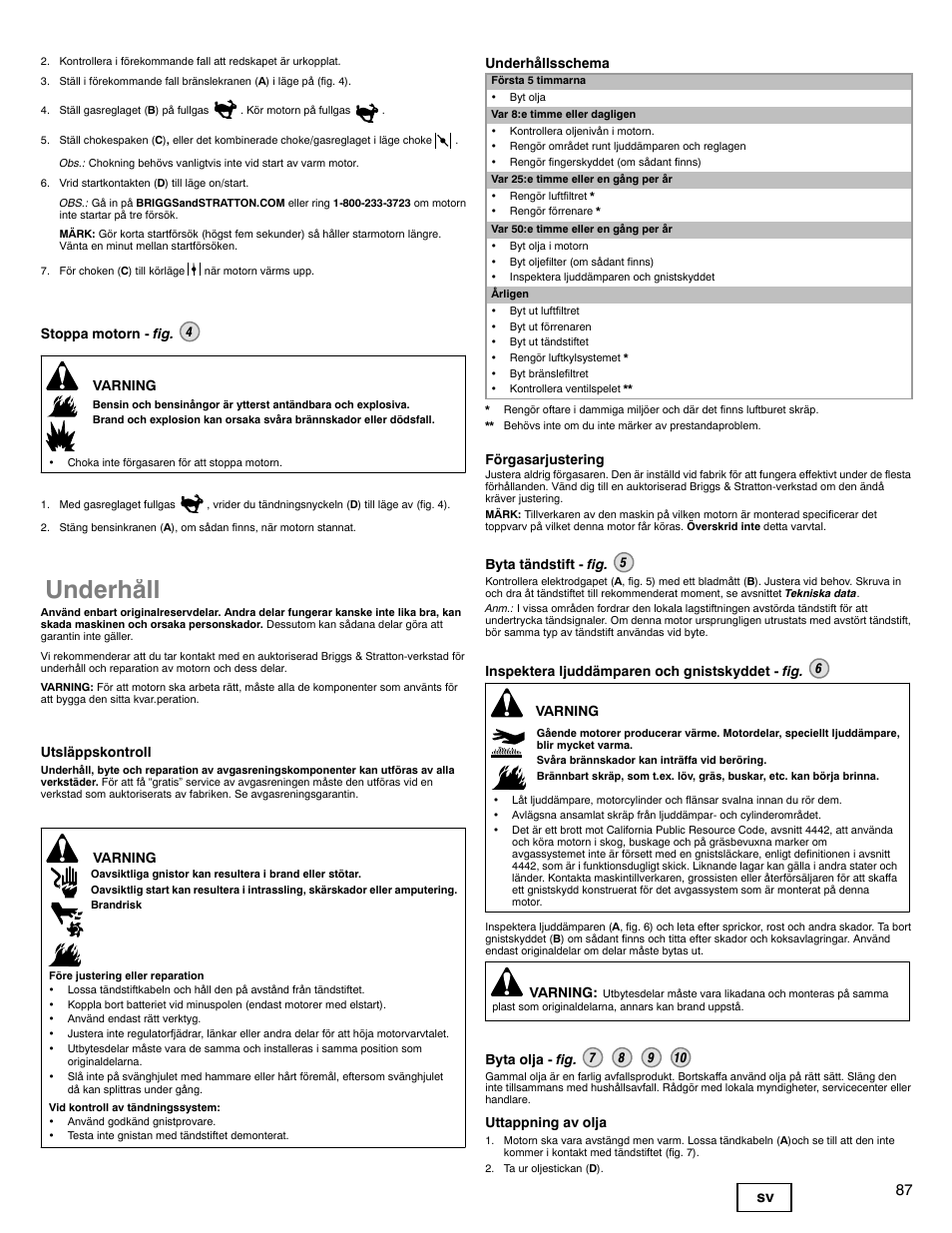 Underhåll, 87 sv | Briggs & Stratton 330000 User Manual | Page 87 / 92