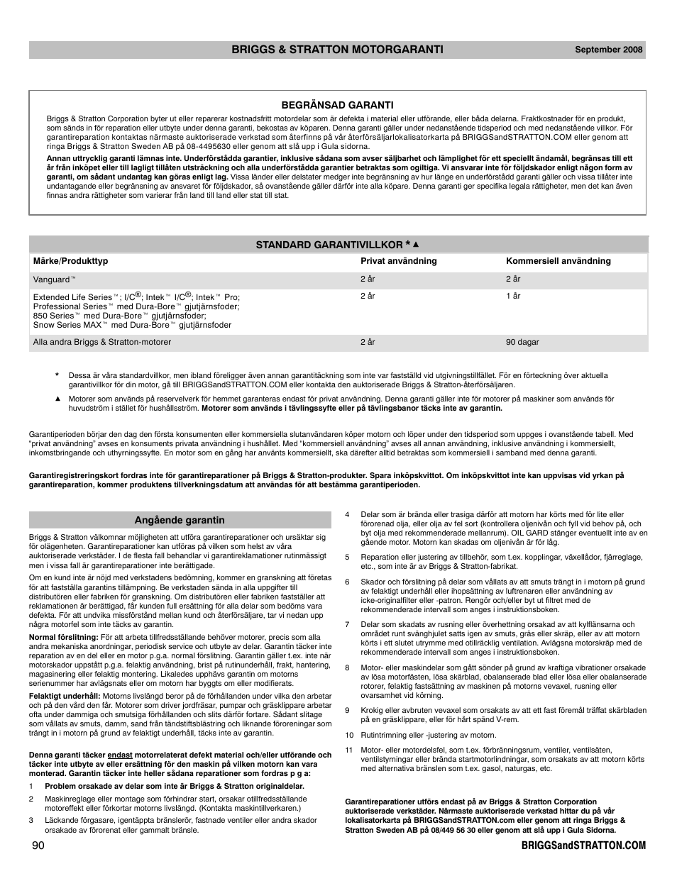 Begränsad garanti standard garantivillkor, Angående garantin | Briggs & Stratton 330000 User Manual | Page 90 / 92