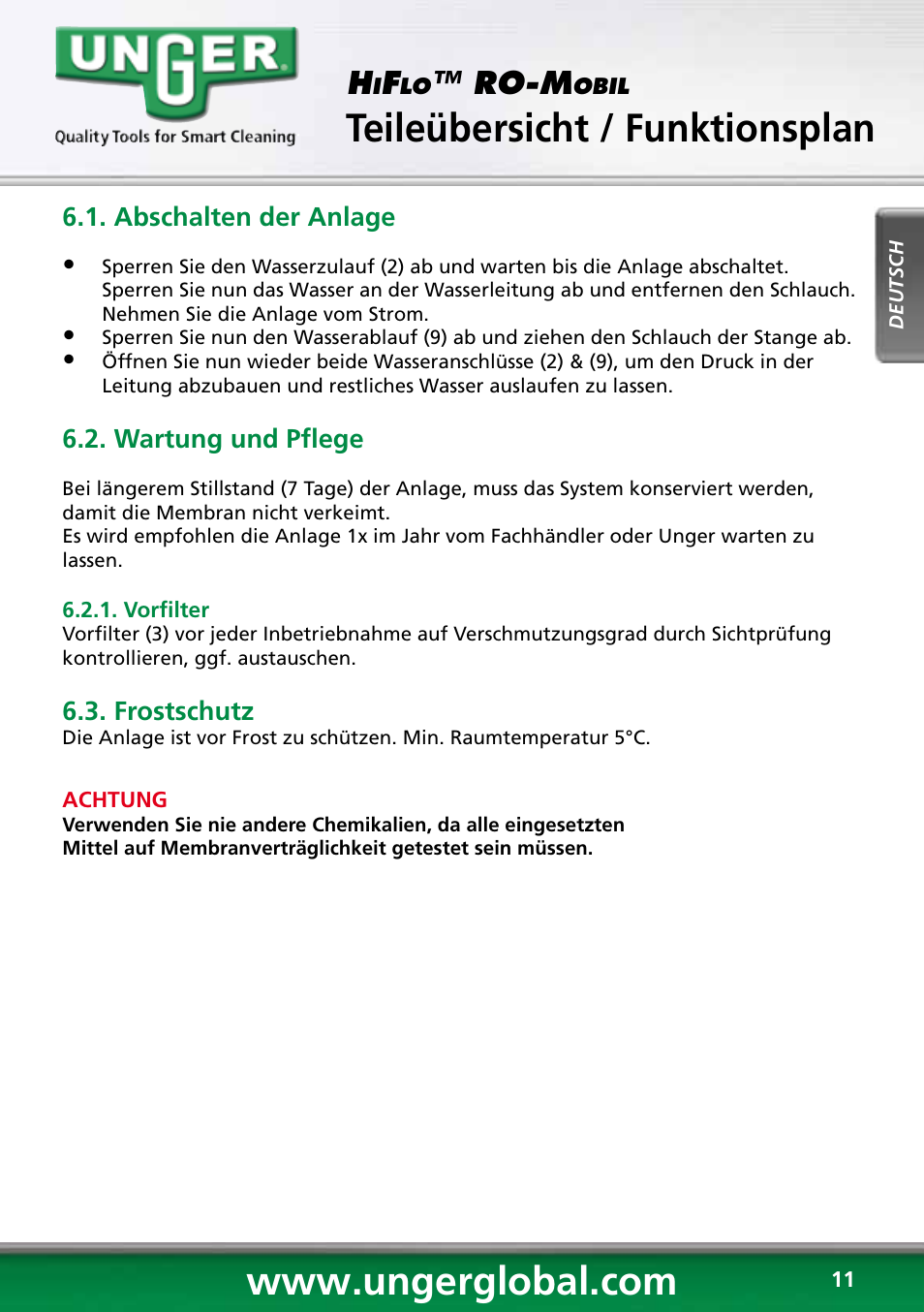 Teileübersicht / funktionsplan, Konservierung, Ro-m | Unger RO60S User Manual | Page 11 / 88