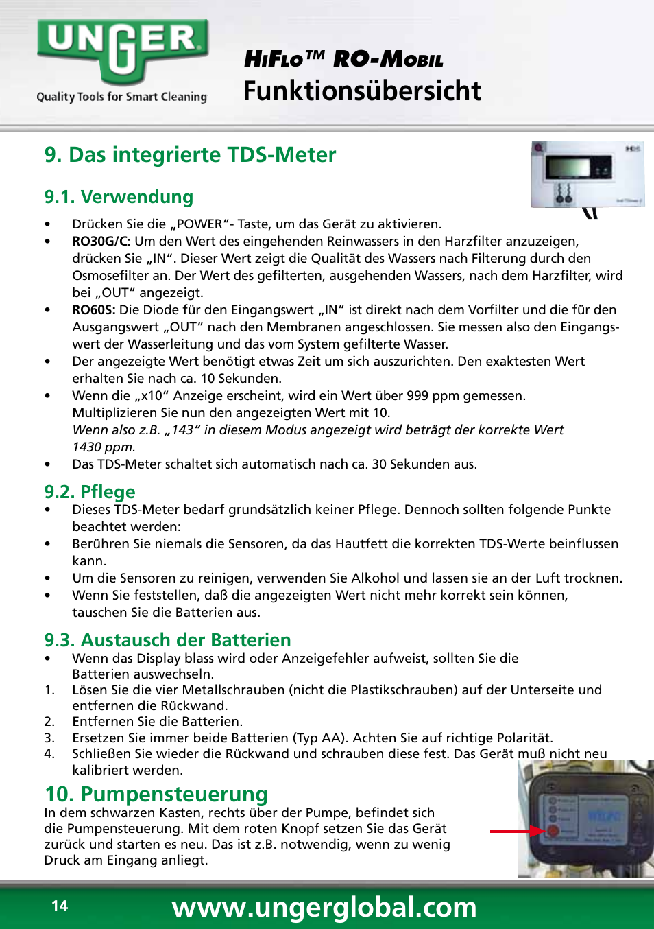 Funktionsübersicht, Ro-m, Das integrierte tds-meter | Pumpensteuerung, Verwendung, Pflege, Austausch der batterien | Unger RO60S User Manual | Page 14 / 88