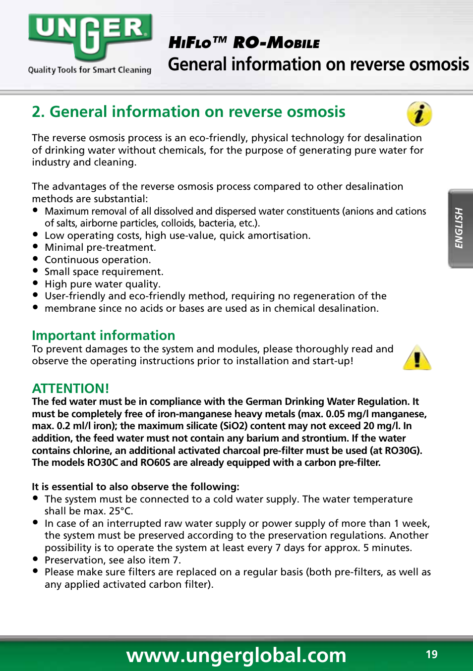 Safety regulations, General information on reverse osmosis, Ro-m | Unger RO60S User Manual | Page 19 / 88