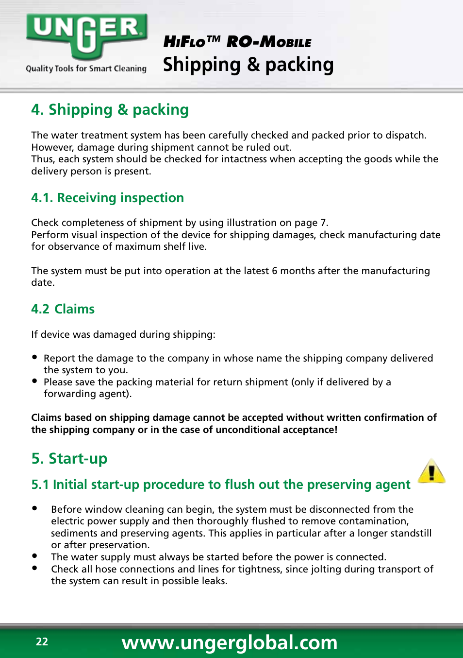 Shipping & packing, Ro-m, Start-up | Unger RO60S User Manual | Page 22 / 88