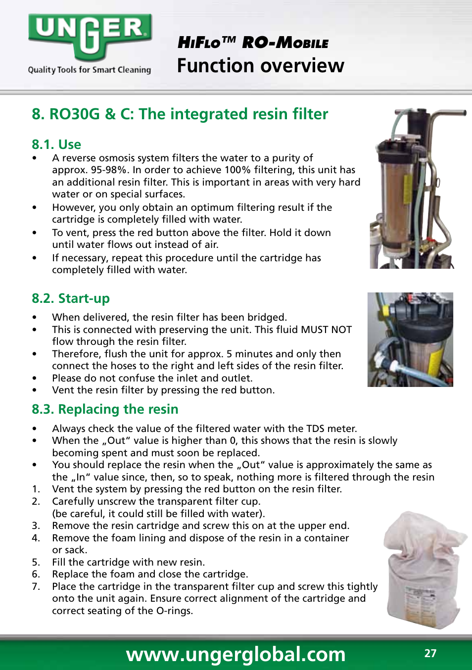 Function overview, Ro-m, Ro30g & c: the integrated resin filter | Start-up, Replacing the resin | Unger RO60S User Manual | Page 27 / 88