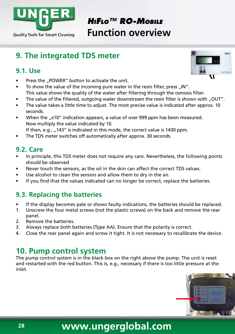 Function overview, Ro-m, The integrated tds meter | Pump control system, Care, Replacing the batteries | Unger RO60S User Manual | Page 28 / 88