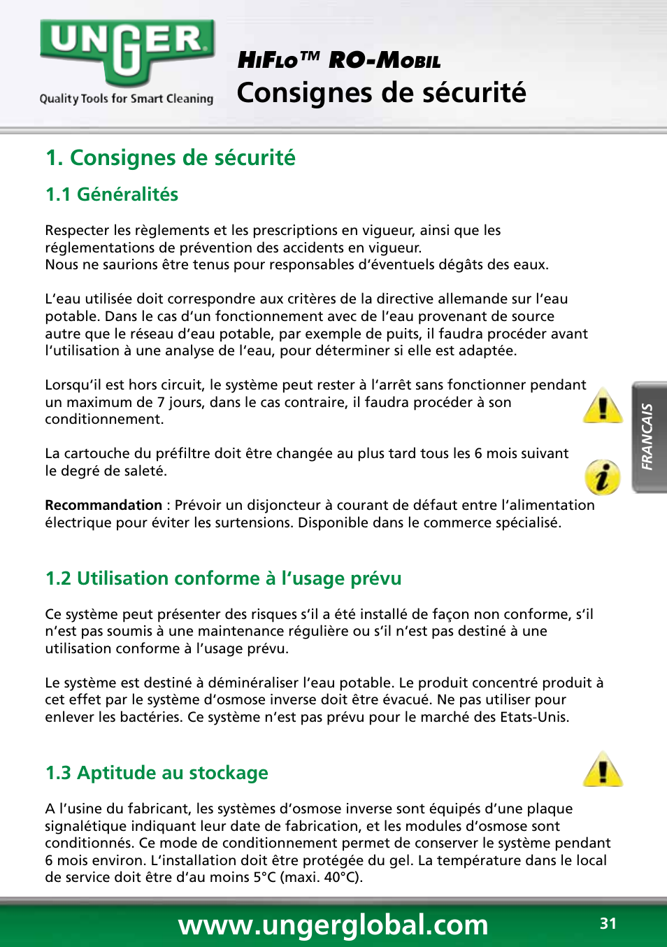 Consignes de sécurité, Ro-m | Unger RO60S User Manual | Page 31 / 88